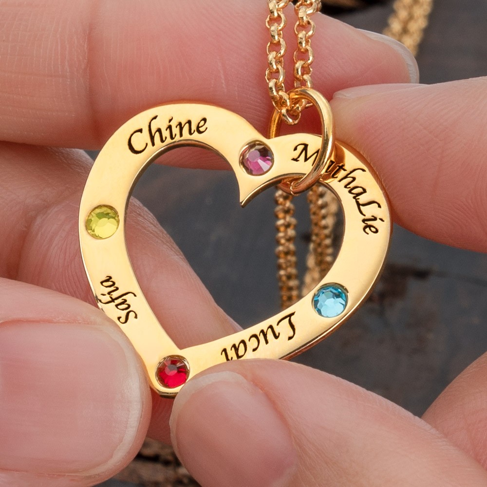 Collier de nom de coeur de famille personnalisé avec cadeau de Noël de pierre de naissance