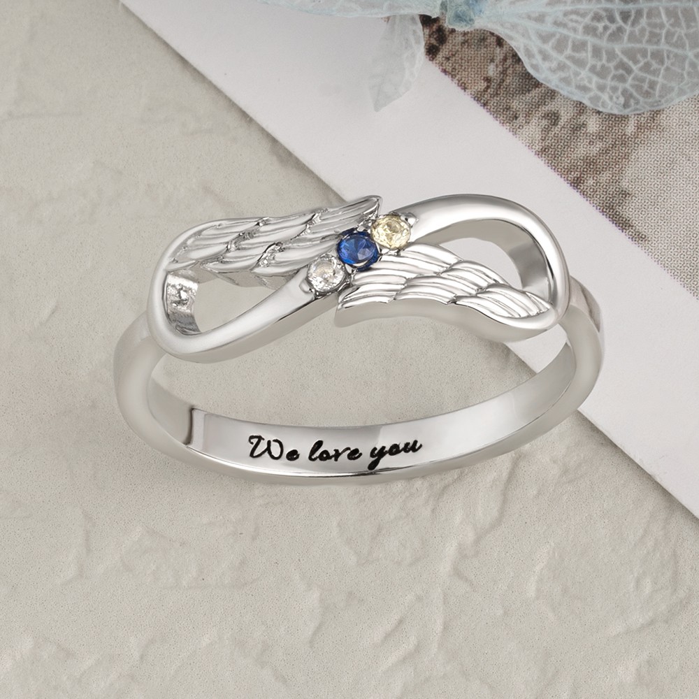 Bague Infinity Ailes d'ange personnalisées en argent sterling S925 avec pierres de naissance pour elle