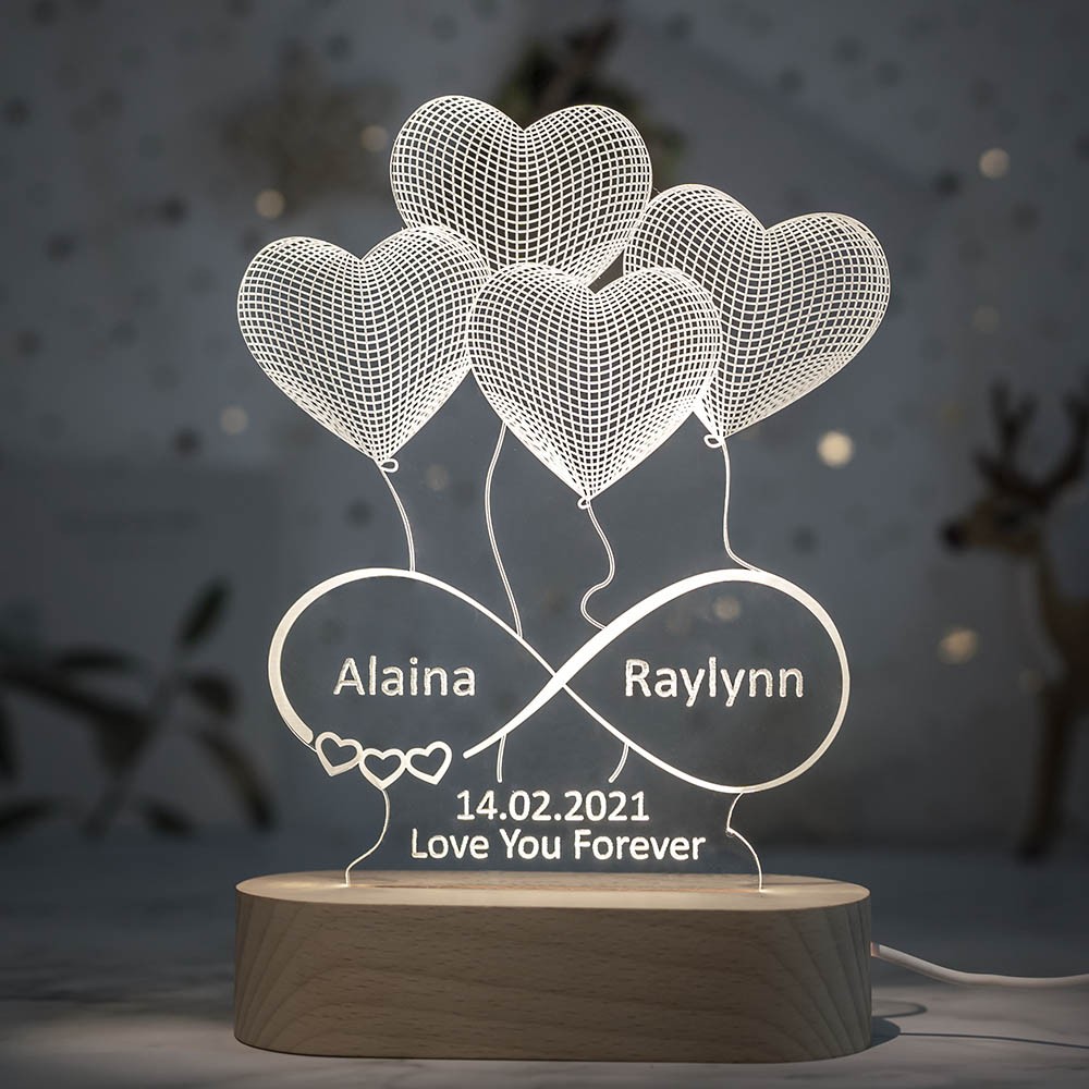 Nuit personnalisée de lampe d'illusion 3D avec des noms gravés pour sa petite amie épouse
