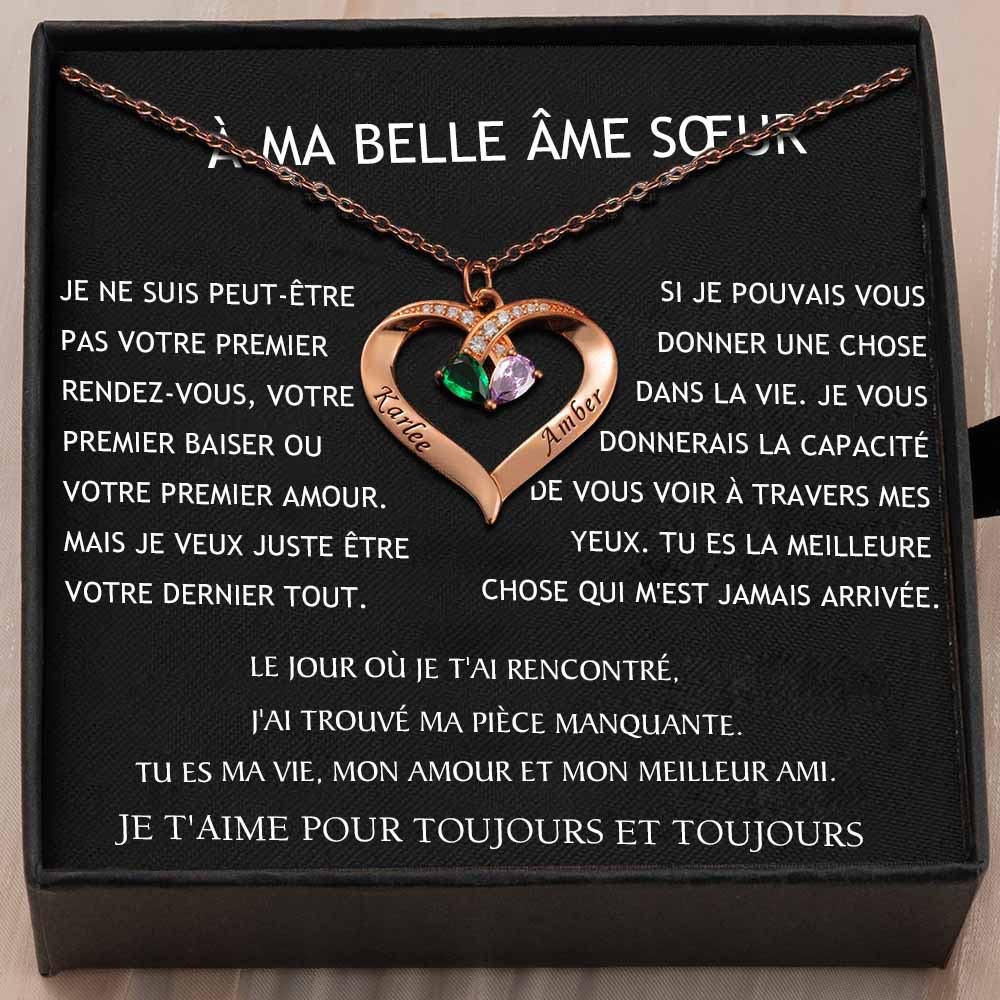 Collier personnalisé de noms de couple de coeur avec des cadeaux de Saint-Valentin de pierres de naissance