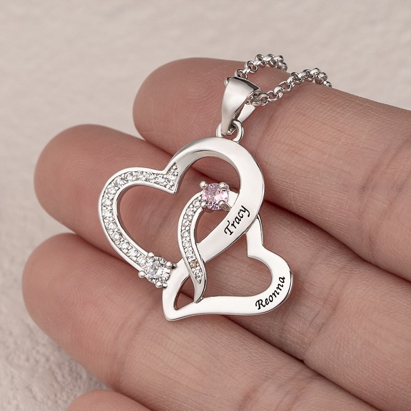 Collier personnalisé de noms de couple de coeur avec des cadeaux de Saint-Valentin de pierres de naissance