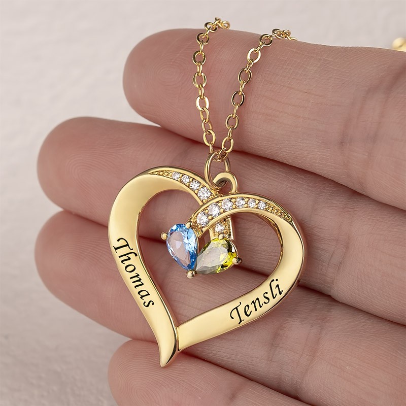 Collier personnalisé de noms de couple de coeur avec des cadeaux de Saint-Valentin de pierres de naissance