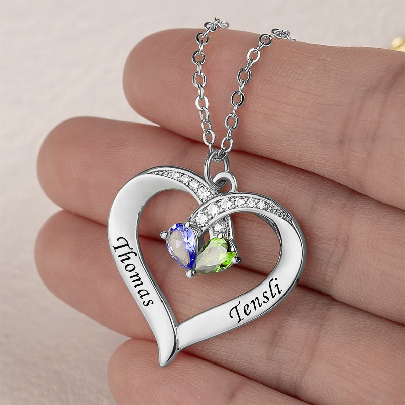 Collier personnalisé de noms de couple de coeur avec des cadeaux de Saint-Valentin de pierres de naissance