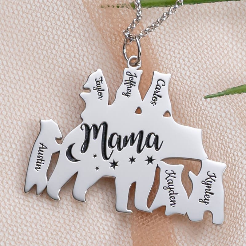 Collier en argent personnalisé maman ours 1-8 noms pour cadeau de fête des mères