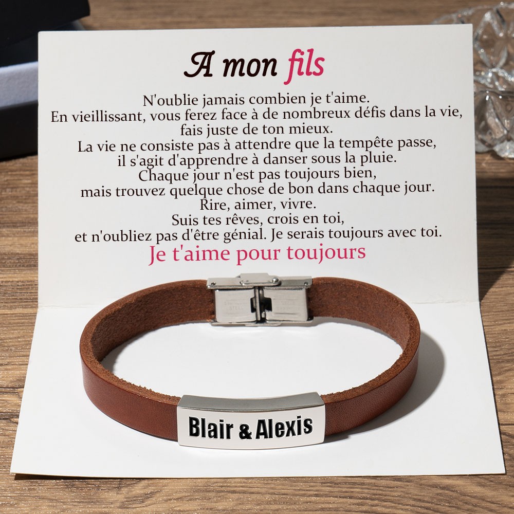 A mon fils Bracelet en cuir avec nom personnalisé