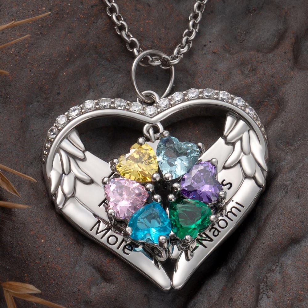 Collier Coeur Ailes d'Ange Personnalisé 1-6 Noms et Pierre de Naissance