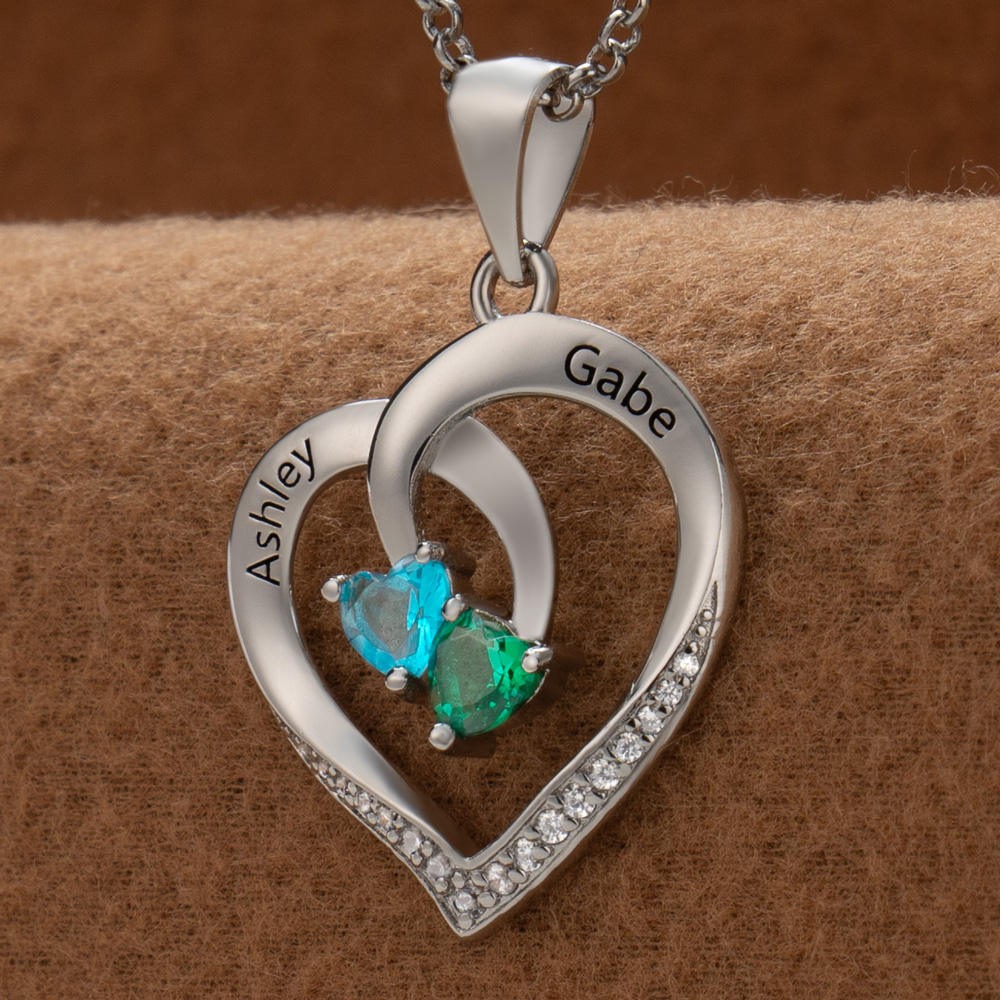 Collier personnalisé en forme de cœur avec noms de couple, avec pierres de naissance, cadeaux de saint-valentin