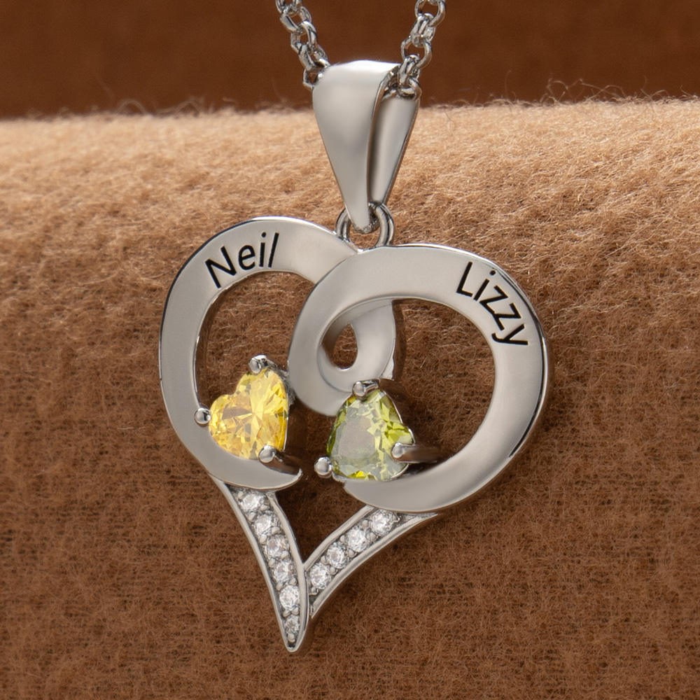Collier personnalisé en forme de cœur avec noms de couple, avec pierres de naissance, cadeaux de saint-valentin
