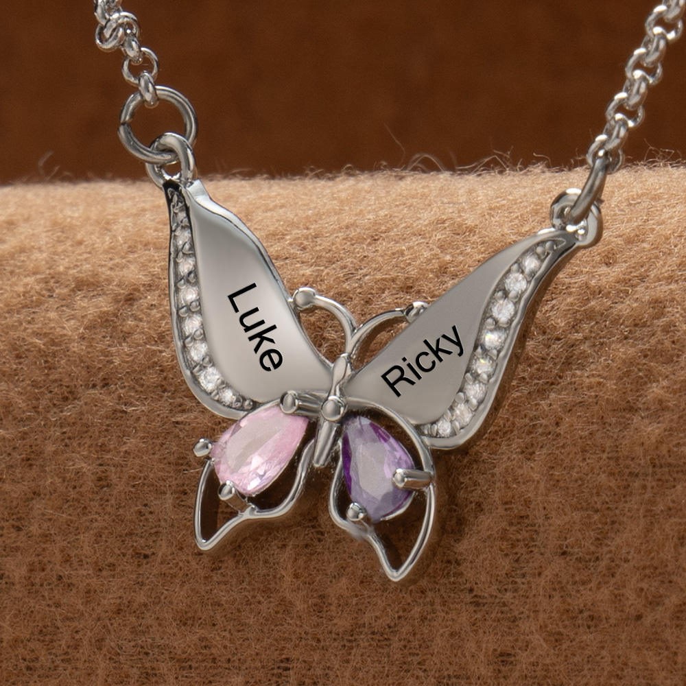 Collier papillon personnalisé avec noms de couple, avec pierres de naissance, cadeaux de saint-valentin