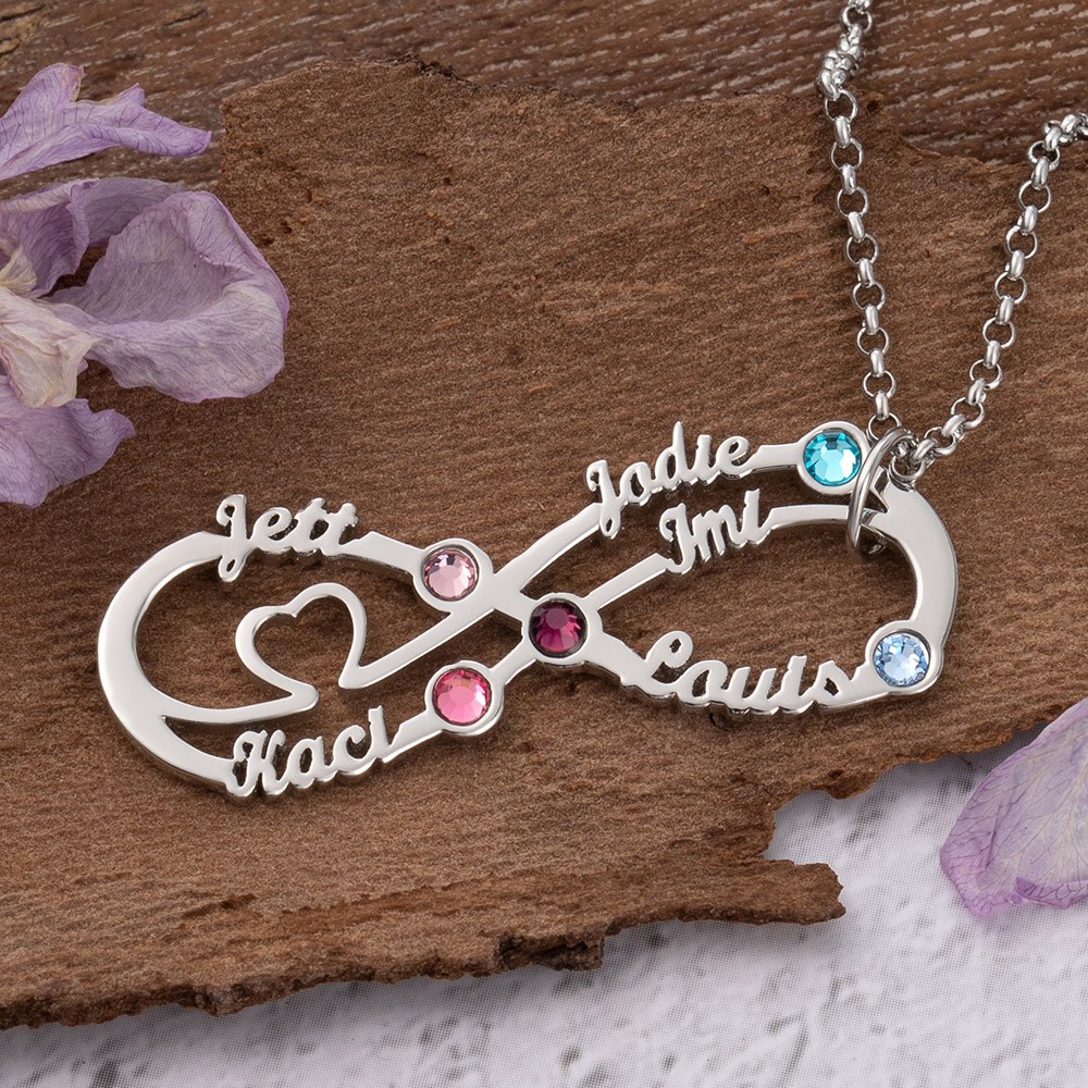 Collier infini personnalisé avec noms et pierres de naissance pour cadeau de fête des mères