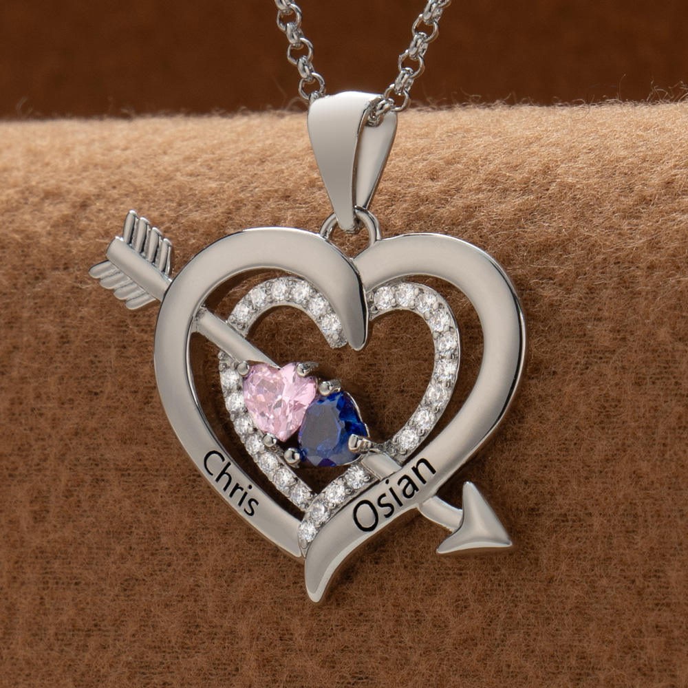 Collier personnalisé en forme de cœur avec noms de couple, avec pierres de naissance, cadeaux de saint-valentin