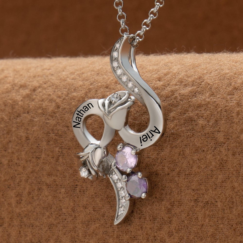Collier de roses avec noms de couple personnalisés, avec pierres de naissance, cadeaux de saint-valentin
