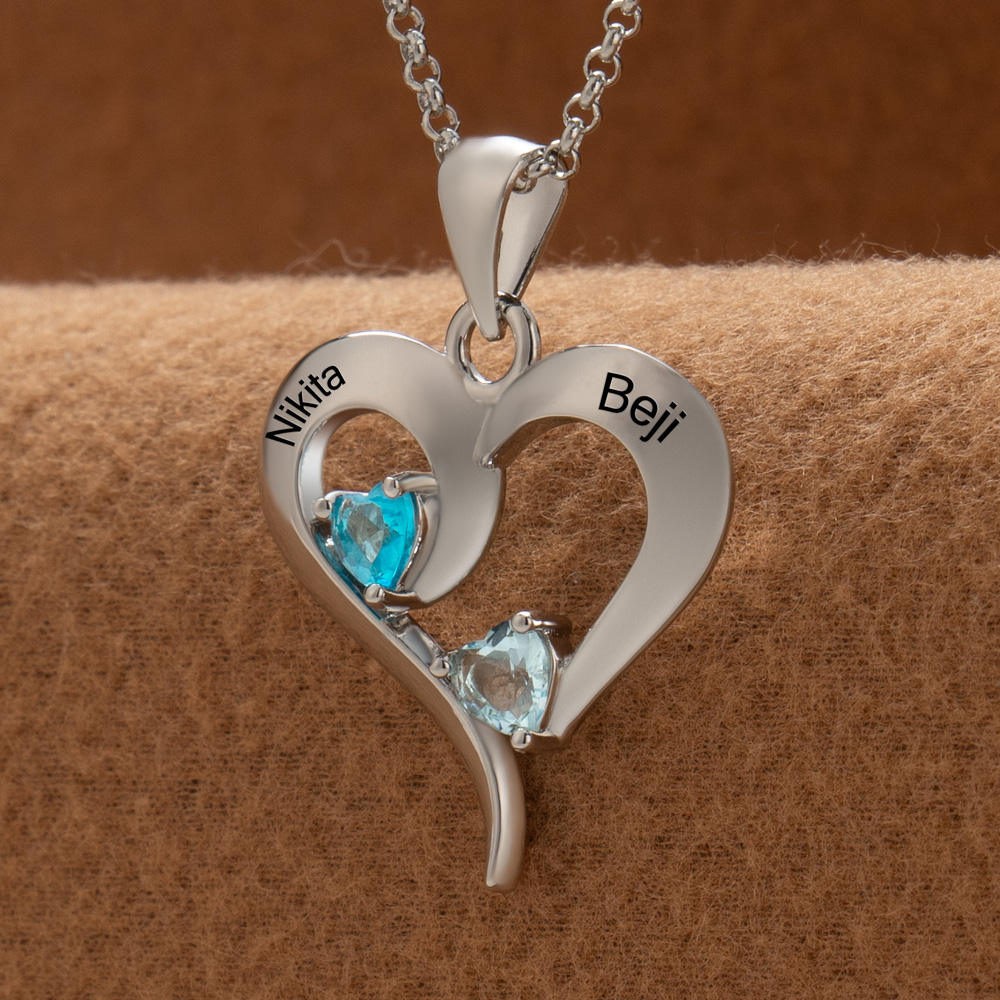 Collier personnalisé en forme de cœur avec noms de couple, avec pierres de naissance, cadeaux de saint-valentin