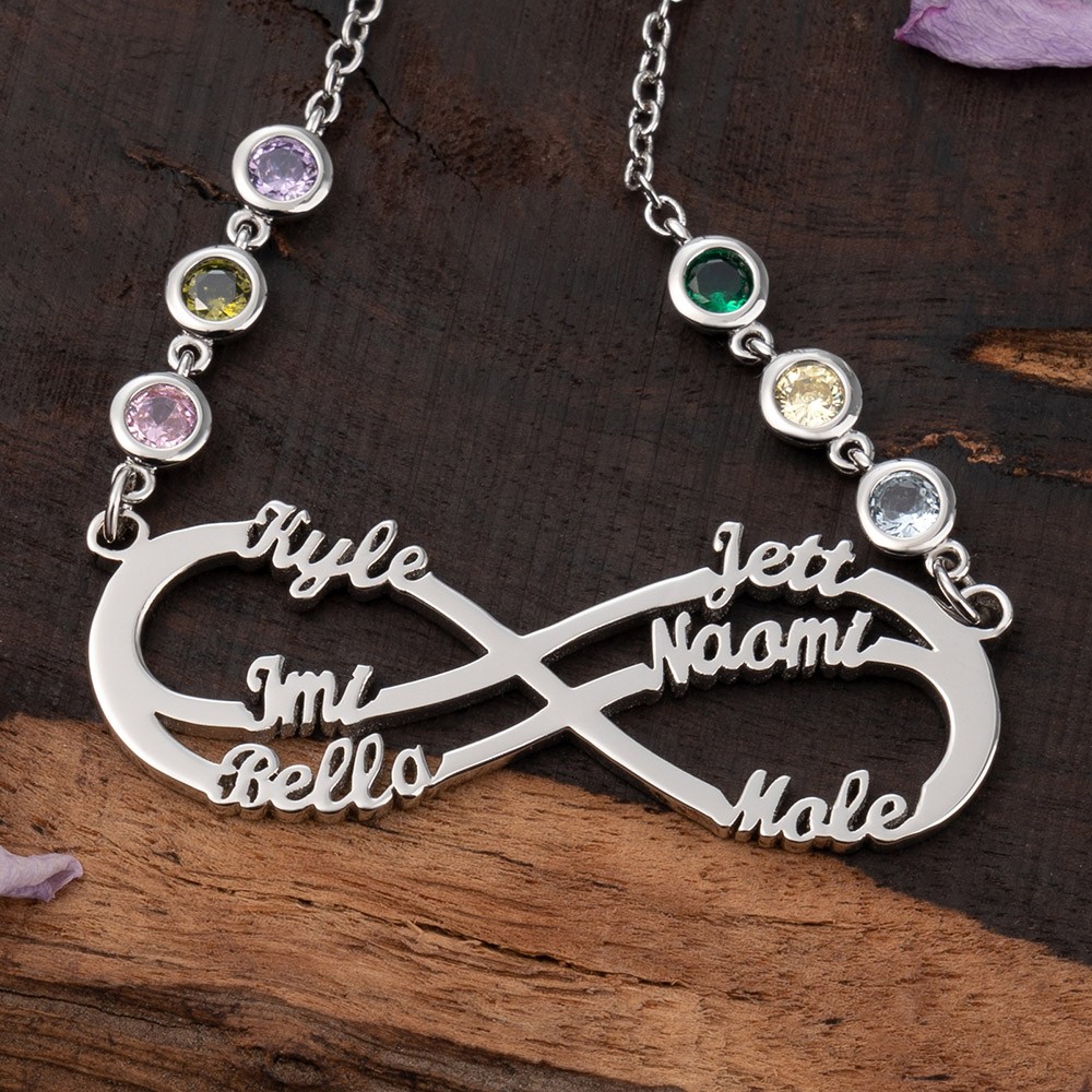 Collier Infini Personnalisé Avec 1-8 Noms Et Pierres De Naissance Pour La Fête Des Mères