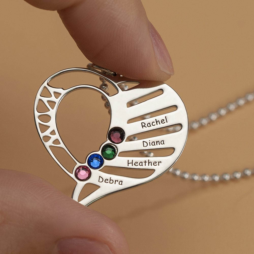 Collier Prénom Coeur avec 1-6 Pierres de Naissance