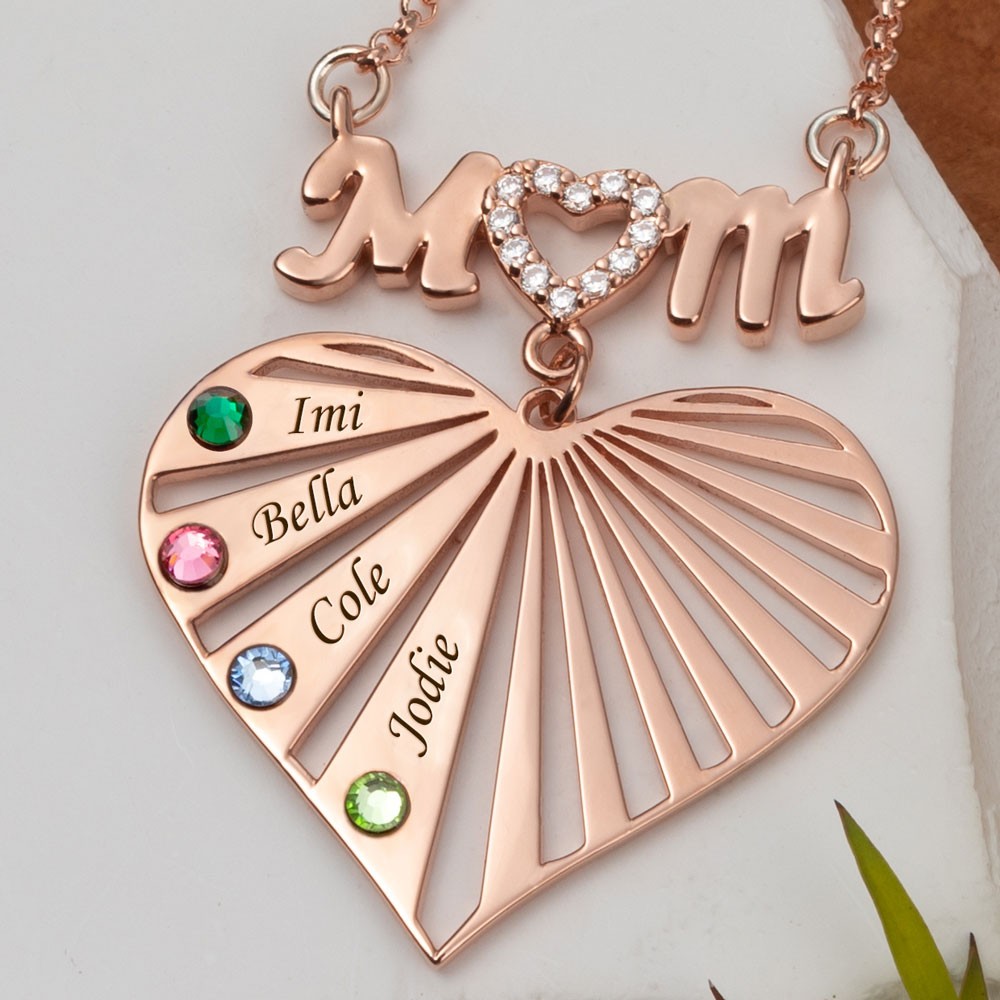 Collier Coeur de Maman Personnalisé avec Nom et Pierre de Naissance des Enfants