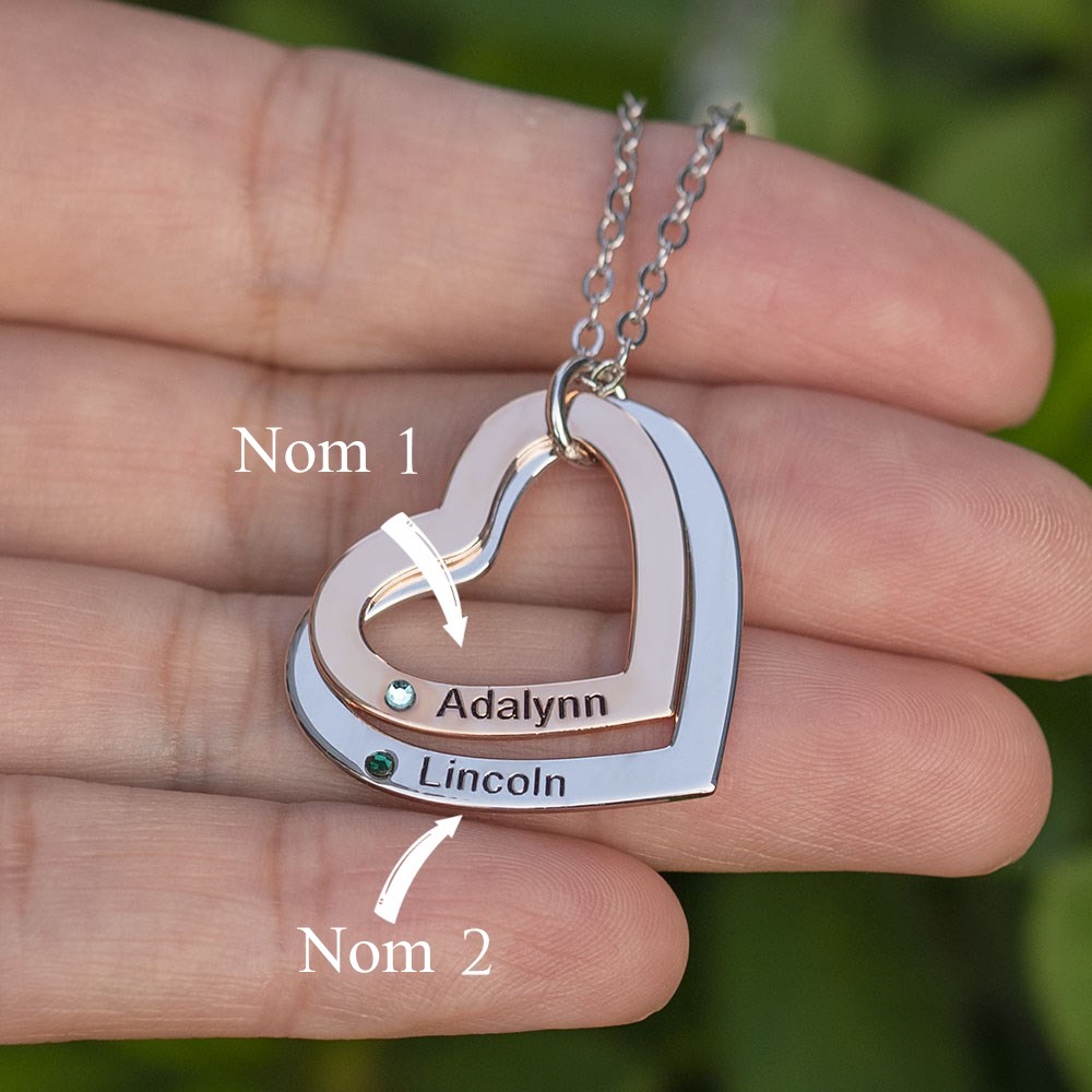 Colliers personnalisés de noms de couples de coeur avec le cadeau de Saint-Valentin de pierres de naissance