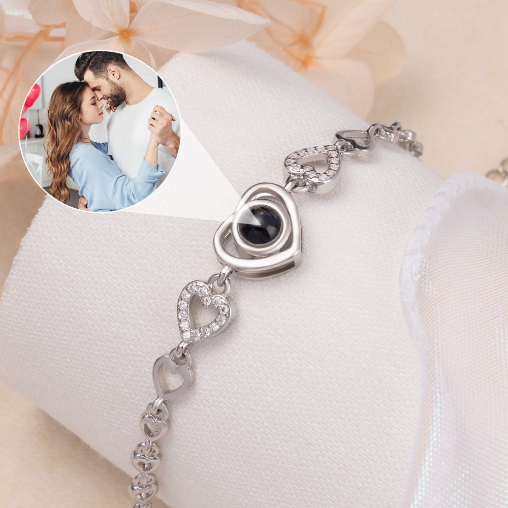 Bracelet à breloques en forme de cœur avec Projection de Photo personnalisé, pour Couple, âme sœur, idées cadeaux pour la saint-valentin