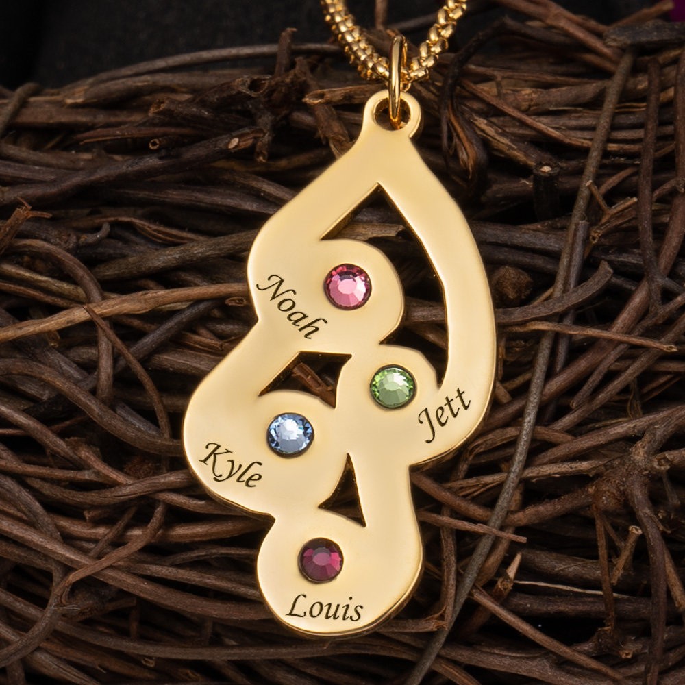 Collier Pendentif Famille Gravé Personnalisé avec 4 Prénoms et Pierres de Naissance Pour la Fête des Mères Noël