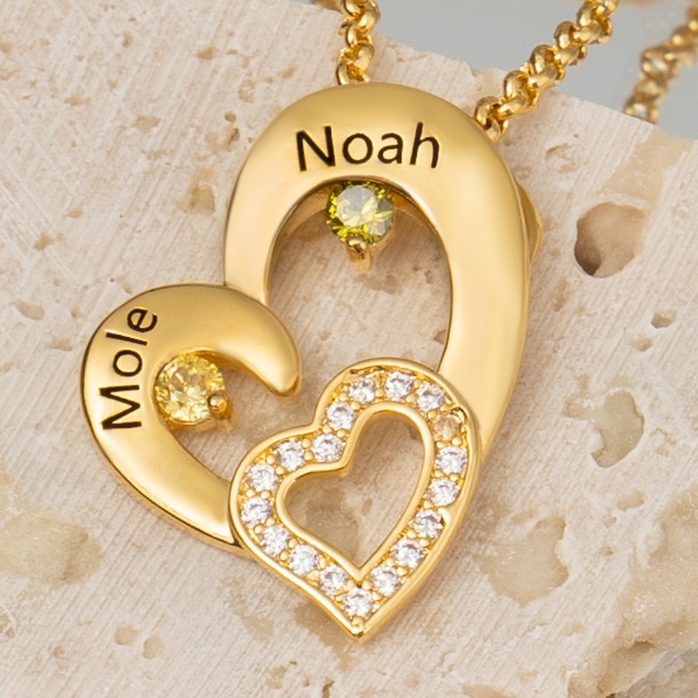 Colliers coeur personnalisés avec 2 prénoms et pierre de naissance pour cadeau Saint Valentin