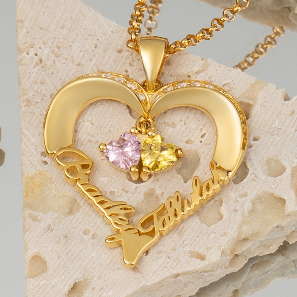 Colliers coeur personnalisés avec 2 noms et pierres de naissance pour la Saint-Valentin Soulmate