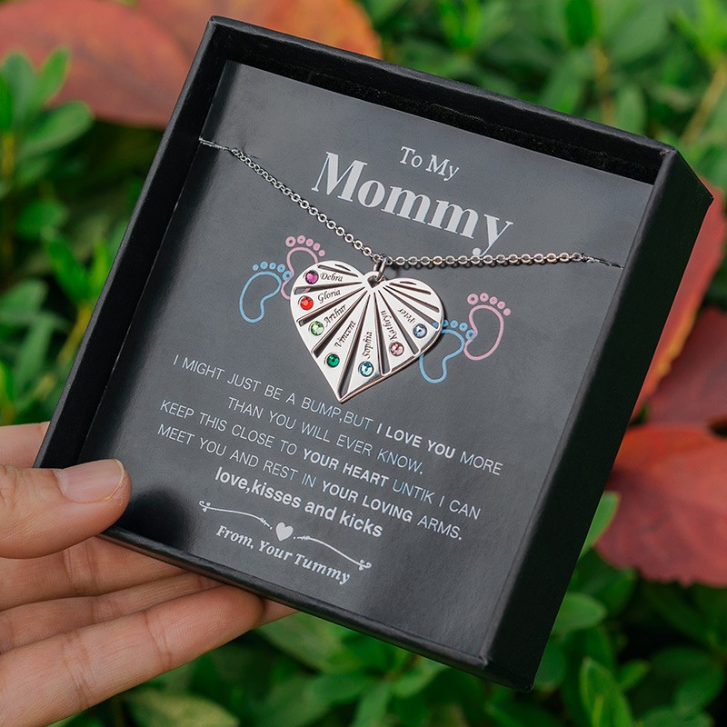 Collier personnalisé de coeur de nom de famille de gravure 1-8 avec le cadeau de pierre de naissance à ma maman