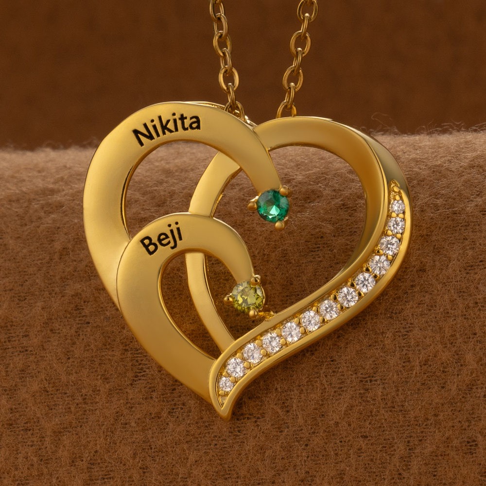 Collier personnalisé en forme de cœur avec noms de couple, avec pierres de naissance, cadeaux de saint-valentin