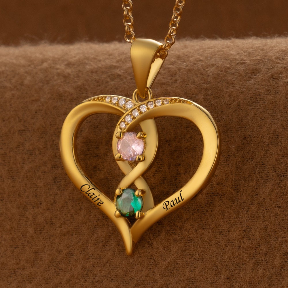Collier personnalisé en forme de cœur avec noms de couple, avec pierres de naissance, cadeaux de saint-valentin