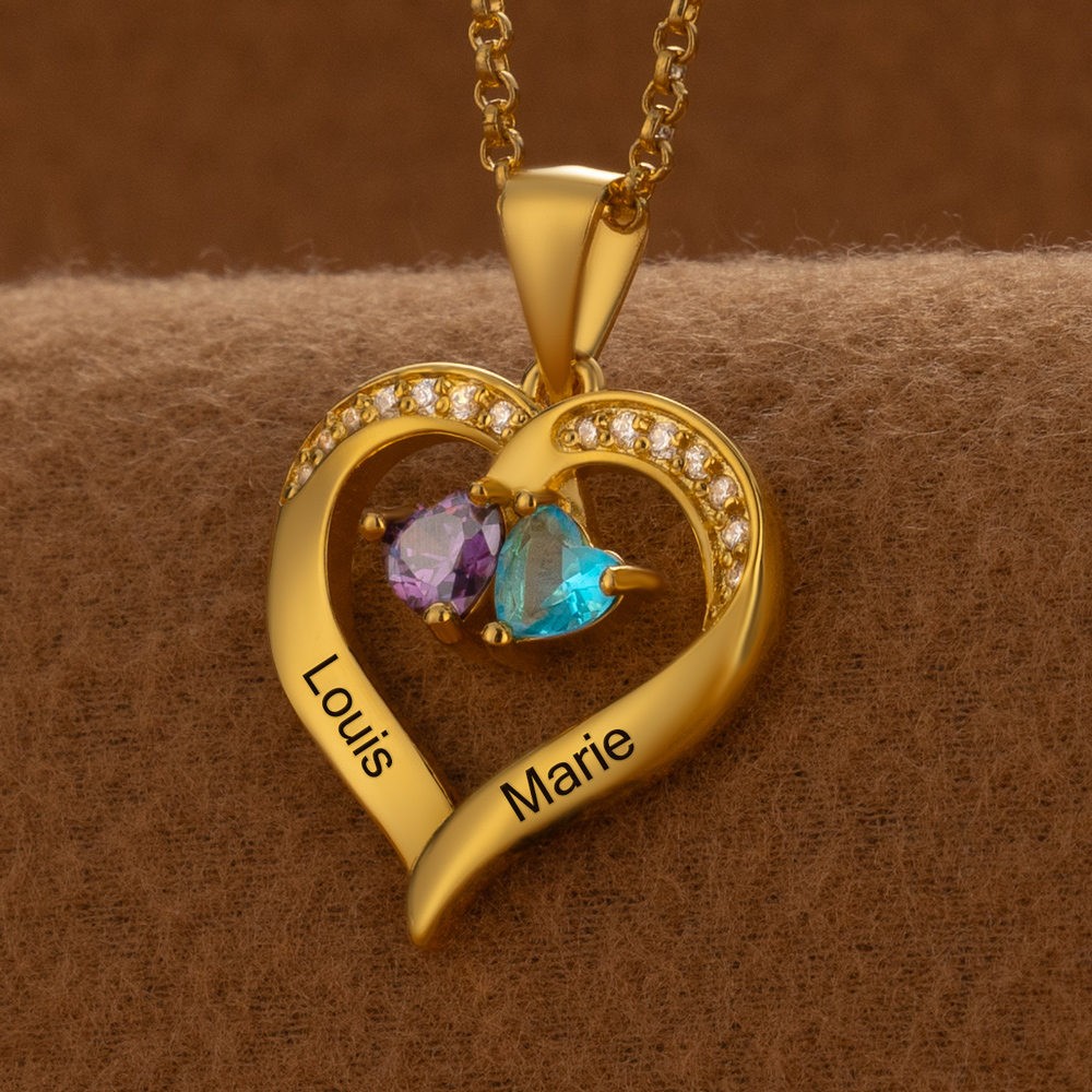 Collier personnalisé en forme de cœur avec noms de couple, avec pierres de naissance, cadeaux de saint-valentin
