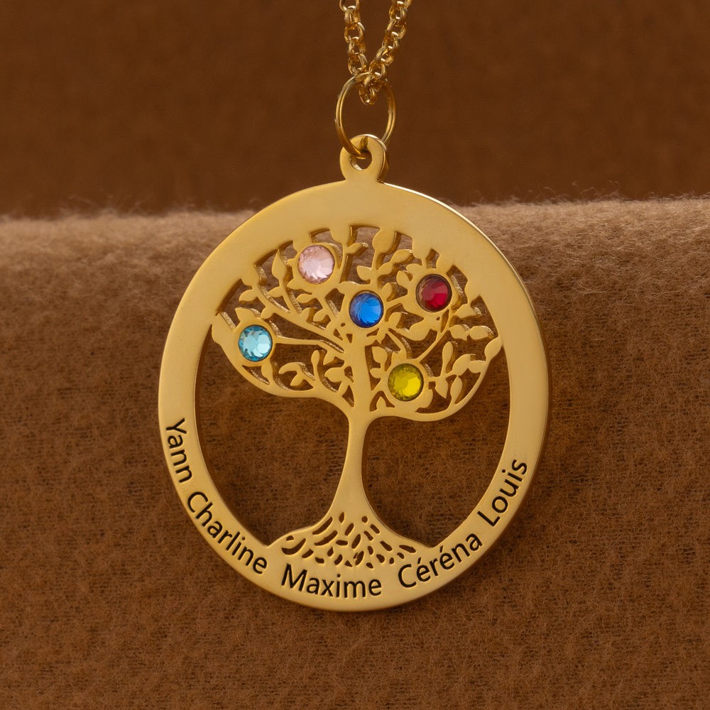 Collier personnalisé de pierres de naissance de nom d’arbre généalogique