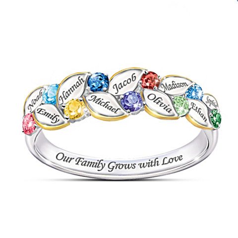 Cadeau personnalisé d'anneau de famille d'anneau de pierre de naissance de coeur avec 1-9 noms