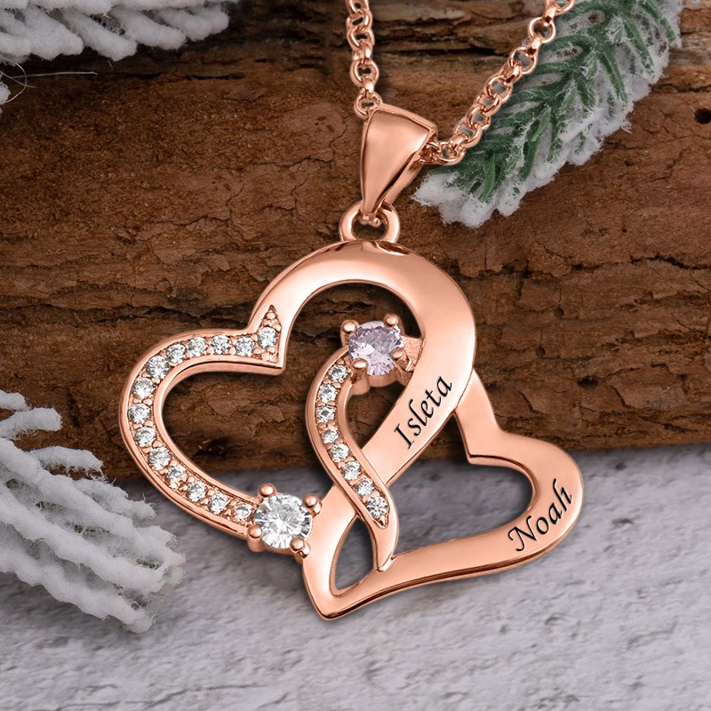 Collier Coeur Noms de Couple Personnalisé Avec Pierre de Naissance