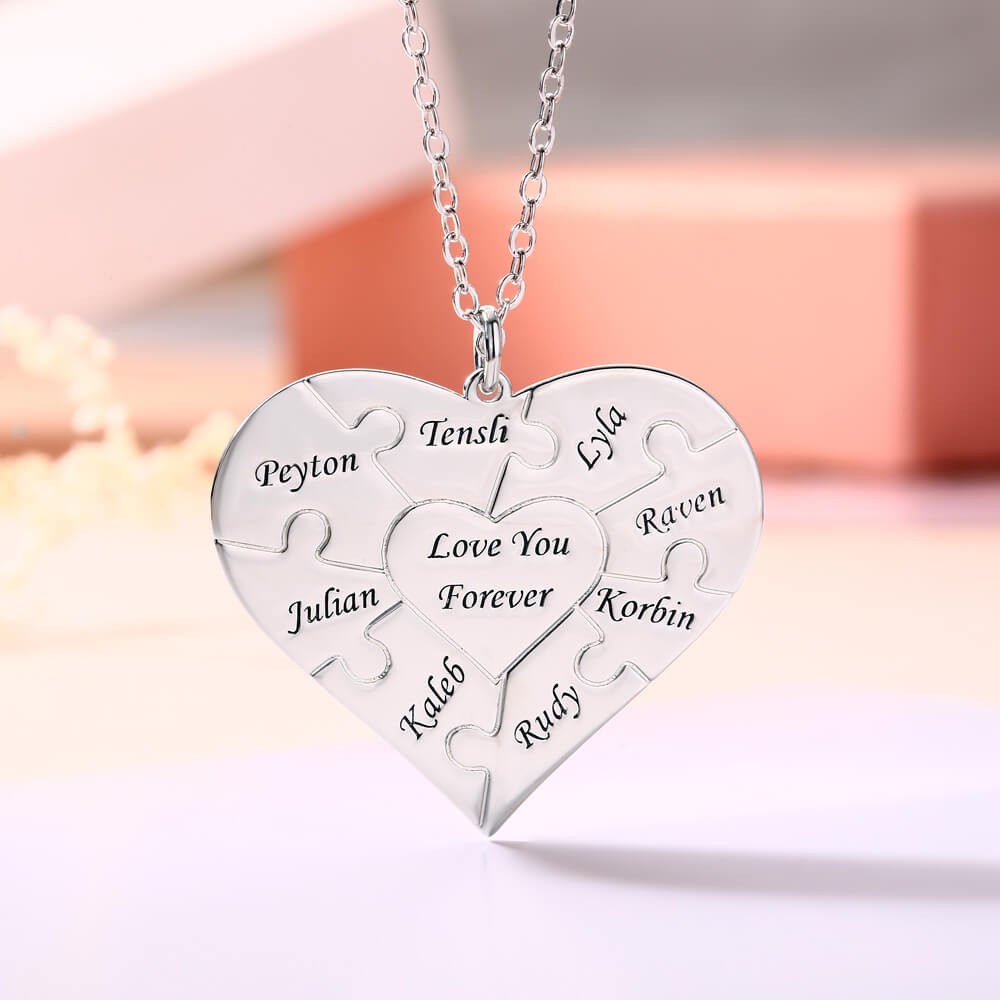 Collier Argent Personnalisé Coeur Puzzle 1-12 Noms