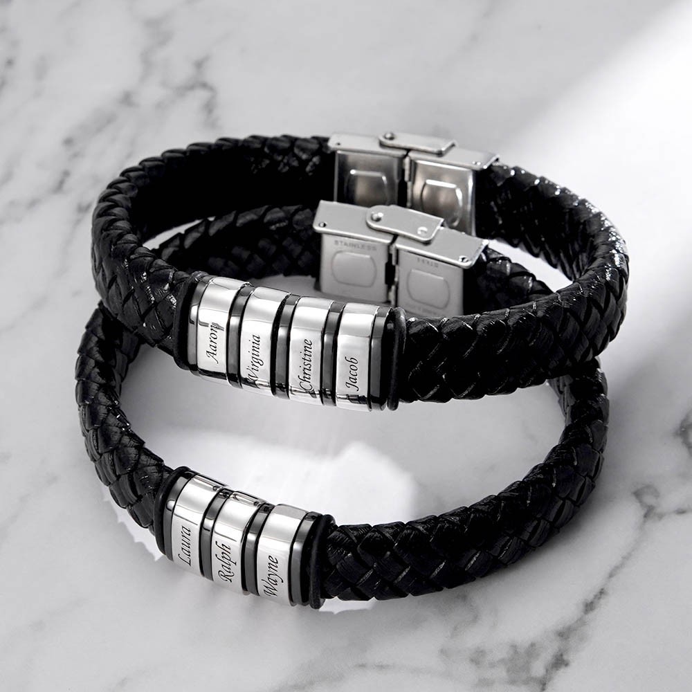 Bracelet en cuir tressé de perles pour hommes personnalisé avec 1-10 perles