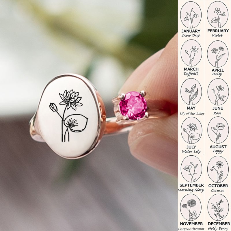 Bague fleur de naissance personnalisée avec pierre de naissance