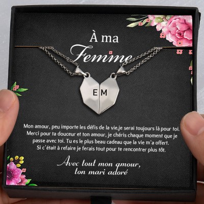 À ma Femme 2 Pièces Collier Prénom Magnétique Interattraction en Forme de Coeur Personnalisé Saint Valentin