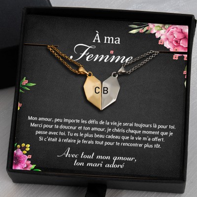 À ma Femme 2 Pièces Collier Prénom Magnétique Interattraction en Forme de Coeur Personnalisé Saint Valentin