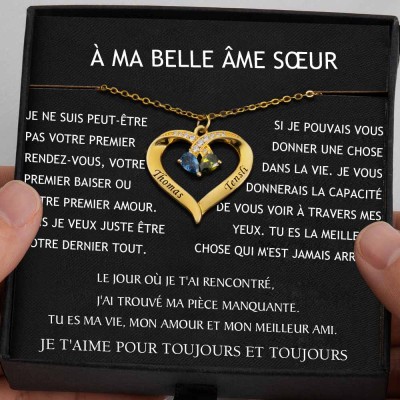 Collier personnalisé de noms de couple de coeur avec des cadeaux de Saint-Valentin de pierres de naissance