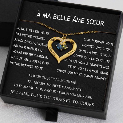 Collier personnalisé de noms de couple de coeur avec des cadeaux de Saint-Valentin de pierres de naissance