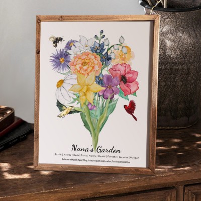 Bouquet de fleurs de naissance personnalisé dans le jardin de Nana, Art en bois avec nom des petits-enfants, pour noël, fête des mères