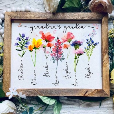 Panneau personnalisé avec cadre de jardin de grand-mère, avec noms de petits-enfants et fleur de naissance, cadeau unique pour la fête des mères