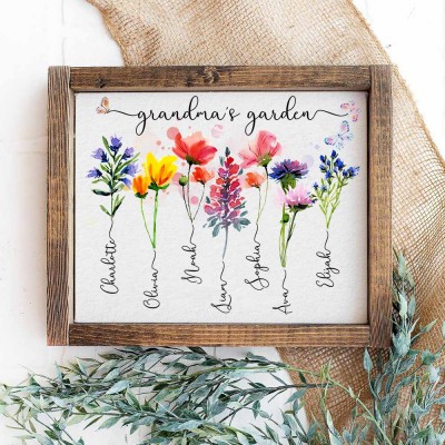 Panneau personnalisé avec cadre de jardin de grand-mère, avec noms de petits-enfants et fleur de naissance, cadeau unique pour la fête des mères