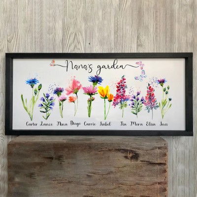 Cadre de jardin personnalisé de grand-mère avec noms de petits-enfants et fleur du mois de naissance pour la fête des mères
