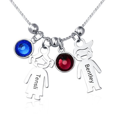 Argent personnalisé 1-12 enfants charmes pendentifs noms gravés collier avec pierre de naissance