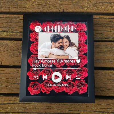 Boîte à ombres à fleurs Spotify personnalisée avec photo de couple pour anniversaire de mariage Saint-Valentin