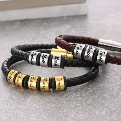 Bracelet en cuir noir personnalisé avec nom de tresse de 1 à 10 perles