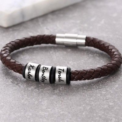 Personnalisé 1-10 Perles Gravure Nom Bracelet En Cuir Marron Cadeaux pour Lui