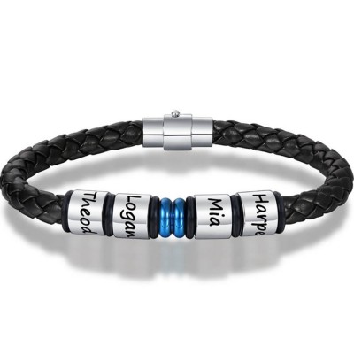 Bracelet en cuir noir personnalisé avec nom de tresse de 1 à 10 perles