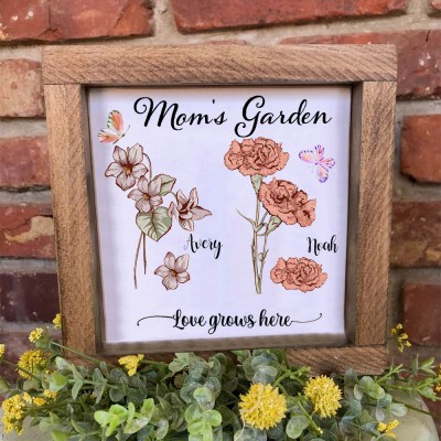 Cadre de jardin personnalisé pour maman avec nom des enfants et fleur du mois de naissance pour la fête des mères