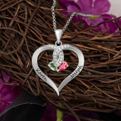 Collier personnalisé de noms de couple de coeur avec des cadeaux de Saint-Valentin de pierres de naissance